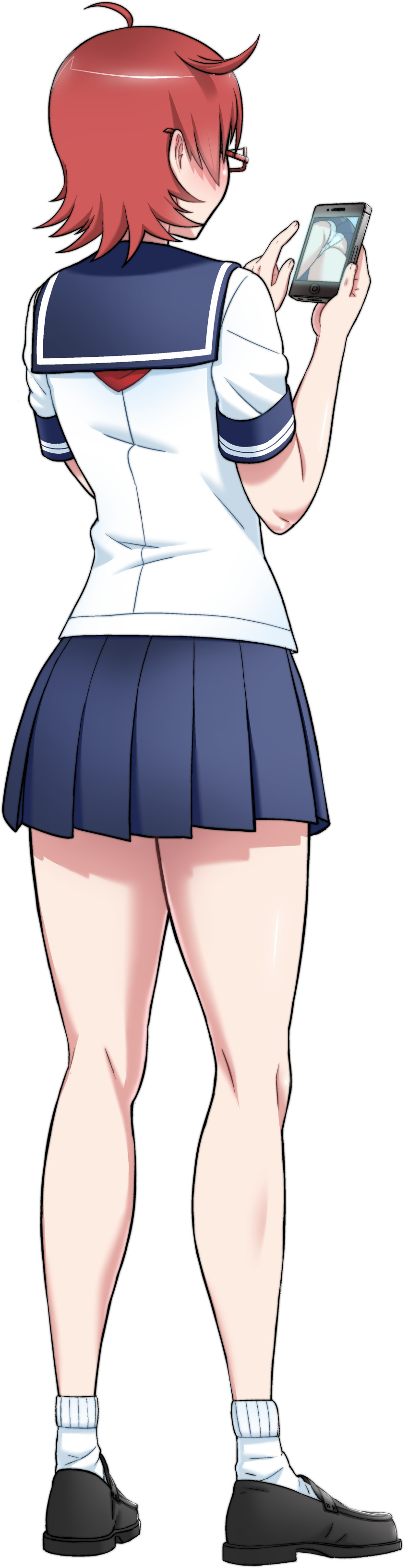 1girl absurdres ass full_body glasses highres info-chan kjech official_art phone redhead school_uniform short_hair solo transparent_background yandere_simulator