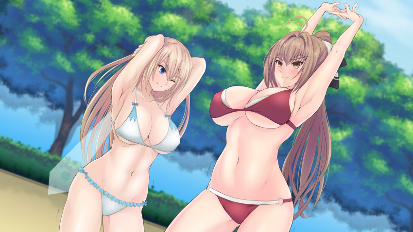 2girls ;t absurdres amagi_brilliant_park antenna_hair armpits arms_behind_head arms_up blonde_hair blue_eyes blurry blush breasts brown_eyes brown_hair bush cleavage collarbone commentary cowboy_shot depth_of_field fairy_wings green_kaminari groin hair_ribbon highres large_breasts multiple_girls navel one_eye_closed outdoors ponytail ribbon sento_isuzu stomach stretch sylphy_(amaburi) tears tree trembling under_boob white_ribbon wings
