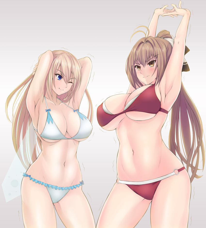 2girls ;t absurdres amagi_brilliant_park antenna_hair armpits arms_behind_head arms_up blonde_hair blue_eyes blurry blush breasts brown_eyes brown_hair cleavage collarbone commentary cowboy_shot depth_of_field fairy_wings green_kaminari groin hair_ribbon highres large_breasts multiple_girls navel one_eye_closed ponytail ribbon sento_isuzu stomach stretch sylphy_(amaburi) tears under_boob white_ribbon wings