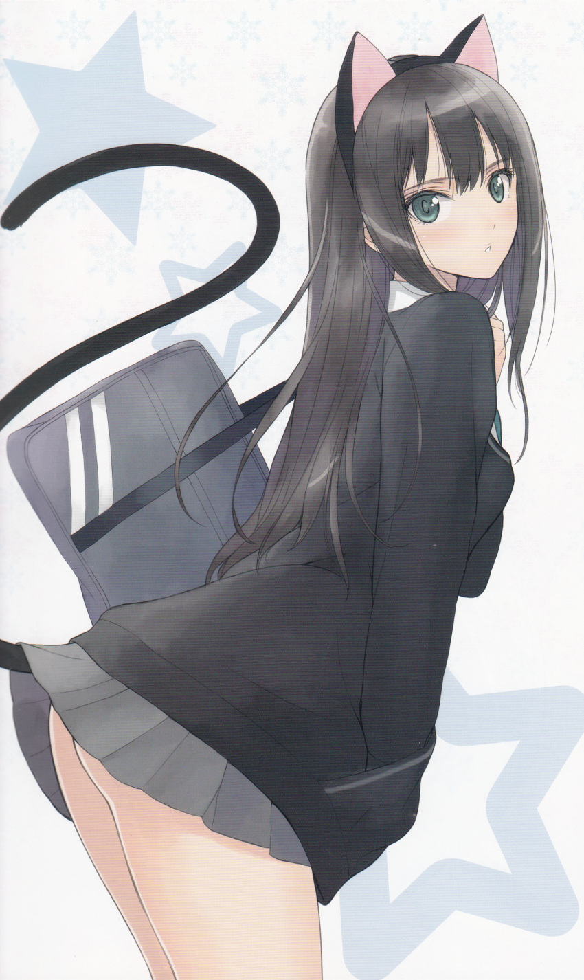 1girl absurdres animal_ears ass bag black_hair blue_eyes bottomless cardigan cat_ears cat_tail fake_animal_ears from_behind hairband hand_to_own_mouth highres idolmaster idolmaster_cinderella_girls leaning_forward long_hair looking_back open_mouth scan school_bag school_uniform shibuya_rin shirt_tug shoulder_bag simple_background solo standing tail tanaka_takayuki tears white_background