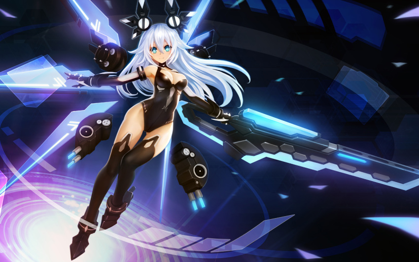 1girl 300_heroes bangs bare_shoulders black_heart blue_eyes breasts cleavage detached_wings elbow_gloves gloves leotard long_hair looking_at_viewer neptune_(series) noire smile solo sword symbol-shaped_pupils thigh-highs very_long_hair weapon white_hair wings