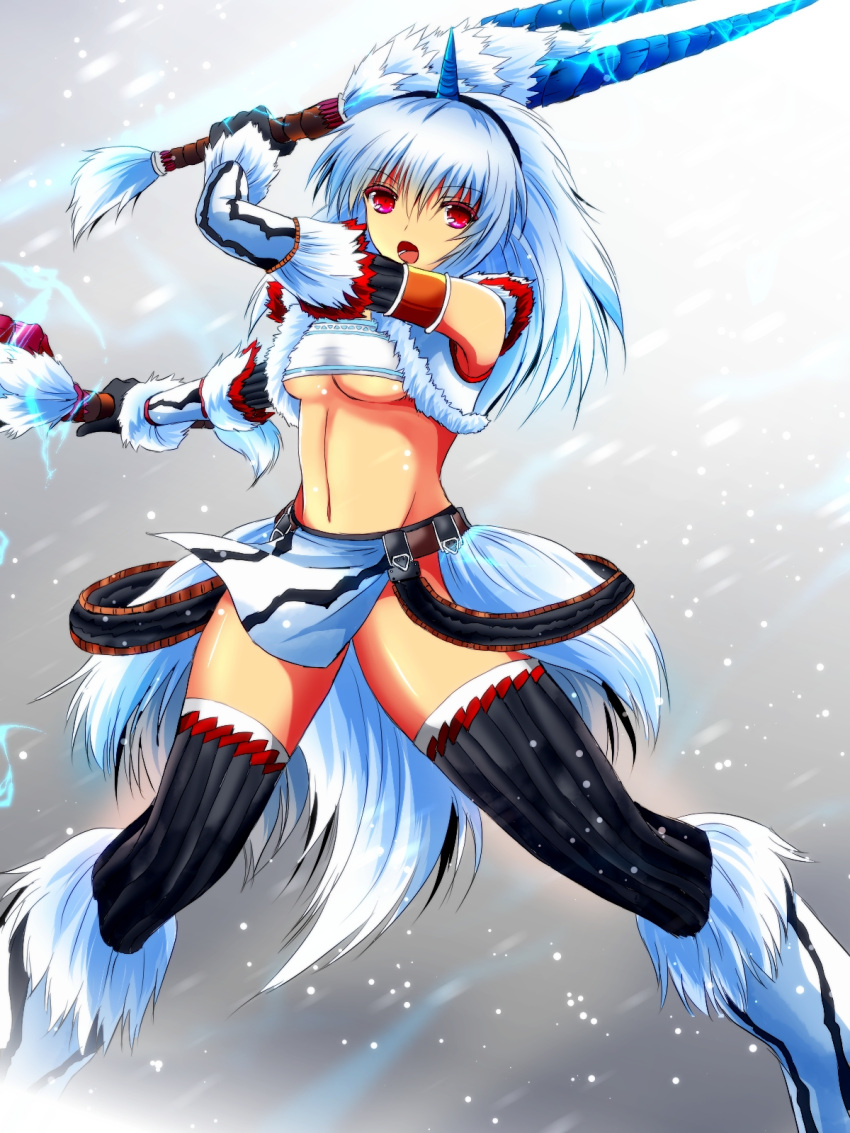 1girl armor black_legwear breasts commentary_request dual_wielding elbow_gloves fur_trim gloves highres horn kirin_(armor) long_hair midriff monster_hunter nekominase pelvic_curtain red_eyes solo strapless thigh-highs tubetop under_boob weapon white_hair