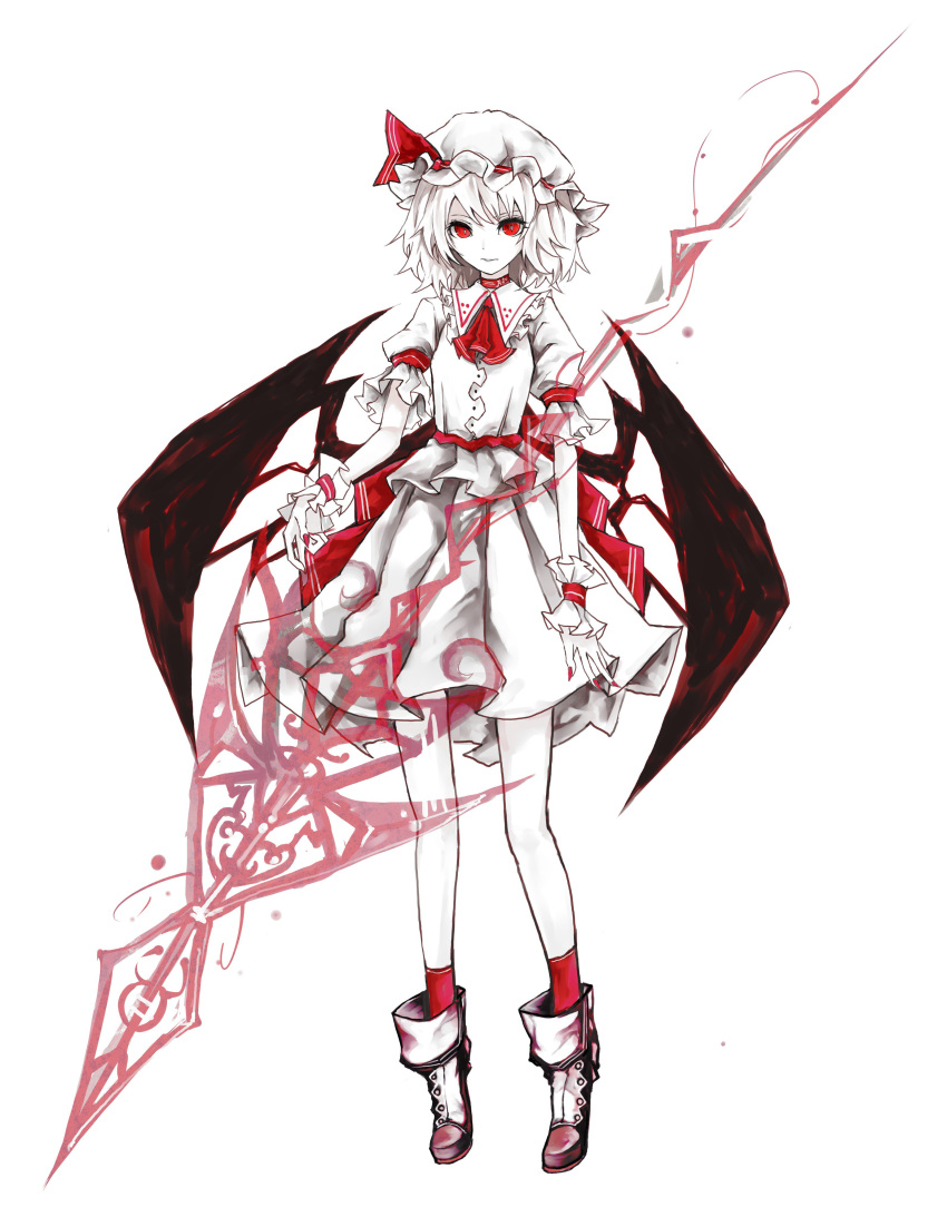 1girl absurdres arm_garter ascot bat_wings boots choker fingernails full_body hat hat_ribbon highres limited_palette looking_at_viewer mob_cap nail_polish puffy_short_sleeves puffy_sleeves red_eyes red_legwear red_nails red_ribbon remilia_scarlet ribbon sash sharp_fingernails shirt short_sleeves simple_background skirt solo spear_the_gungnir touhou white_background wings wrist_cuffs yutapon