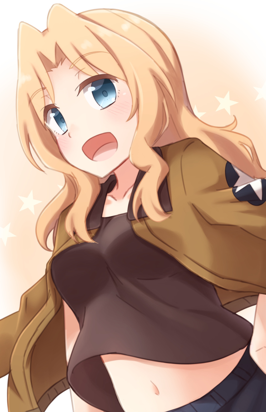1girl black_shirt blonde_hair blue_eyes blue_shorts blush brown_jacket commentary_request denim denim_shorts emblem girls_und_panzer hand_on_hip highres jacket_on_shoulders kapatarou kay_(girls_und_panzer) long_hair long_sleeves looking_at_viewer military military_uniform navel open_mouth shirt short_shorts shorts smile solo standing star starry_background uniform upper_body
