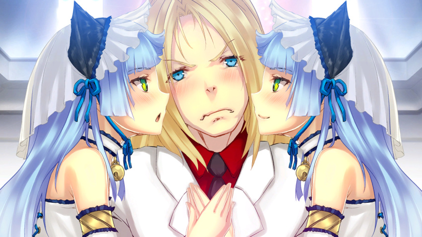 &gt;:( 1boy 2girls animal_ears ar_nosurge bell bell_choker black_necktie blonde_hair blue_eyes blush bride choker closed_mouth collared_shirt frown game_cg girl_sandwich green_eyes groom hands_on_another's_chest hands_together head_tilt jingle_bell long_hair multiple_girls necktie ntny official_art open_mouth profile red_shirt sandwiched sarly_planck shirotaka_(surge_concerto) shirt sideways_mouth smile surge_concerto upper_body veil