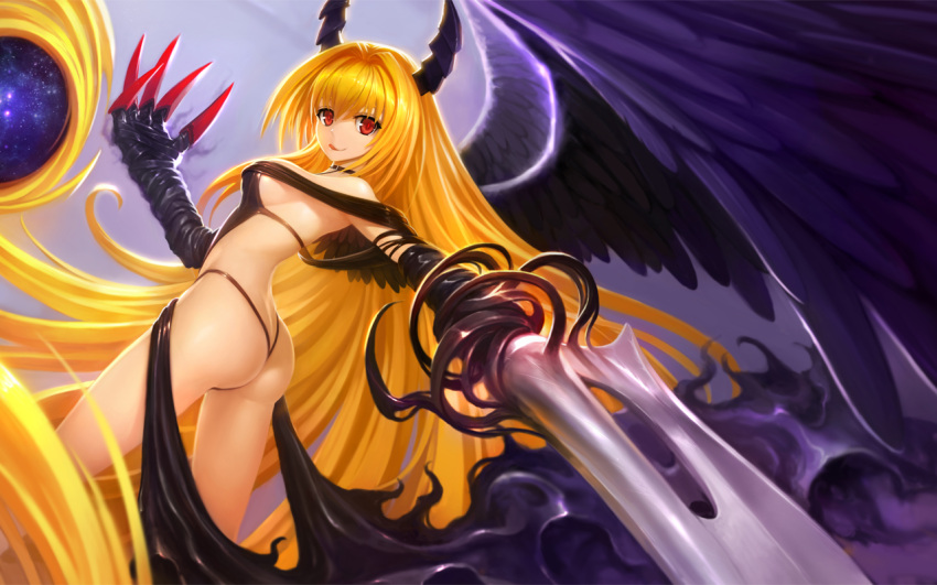 1girl :q absurdly_long_hair arm_blade ass black_wings blonde_hair claws feathered_wings horns konjiki_no_yami long_hair looking_at_viewer looking_back prehensile_hair red_eyes revealing_clothes solo star_(sky) sword thigh_strap to_love-ru tongue tongue_out very_long_hair weapon wings