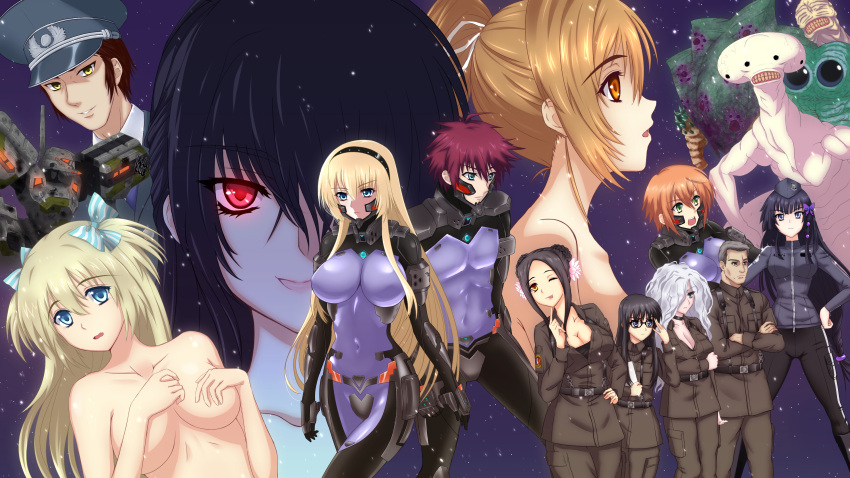 3boys 6+girls absurdres beatrix_bremer belt beta_(muvluv) blue_bow bodysuit bow breasts character_request cleavage closed_mouth collarbone commentary cowboy_shot glowing glowing_eye green_kaminari hair_bow hair_ribbon hat highres irisdina_bernhard katia_waldheim large_breasts looking_at_viewer mecha military military_hat military_uniform multiple_boys multiple_girls muvluv parted_lips peaked_cap pilot_suit ribbon schwarzesmarken smile theodor_edelbach uniform white_ribbon