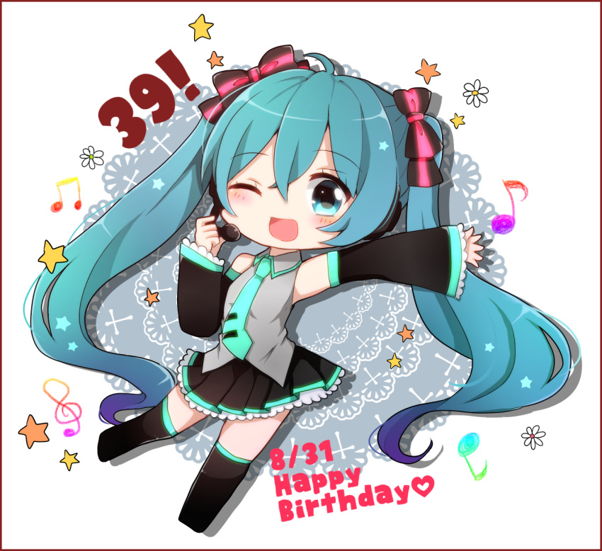 1girl 39 ;d aqua_eyes aqua_hair blush bow chibi crossed_bangs dated detached_sleeves full_body hair_between_eyes hair_bow happy_birthday hatsune_miku headset higasa_hinowa long_hair musical_note necktie one_eye_closed open_mouth outstretched_arm skirt smile solo star thigh-highs tie_clip twintails very_long_hair vocaloid white_background