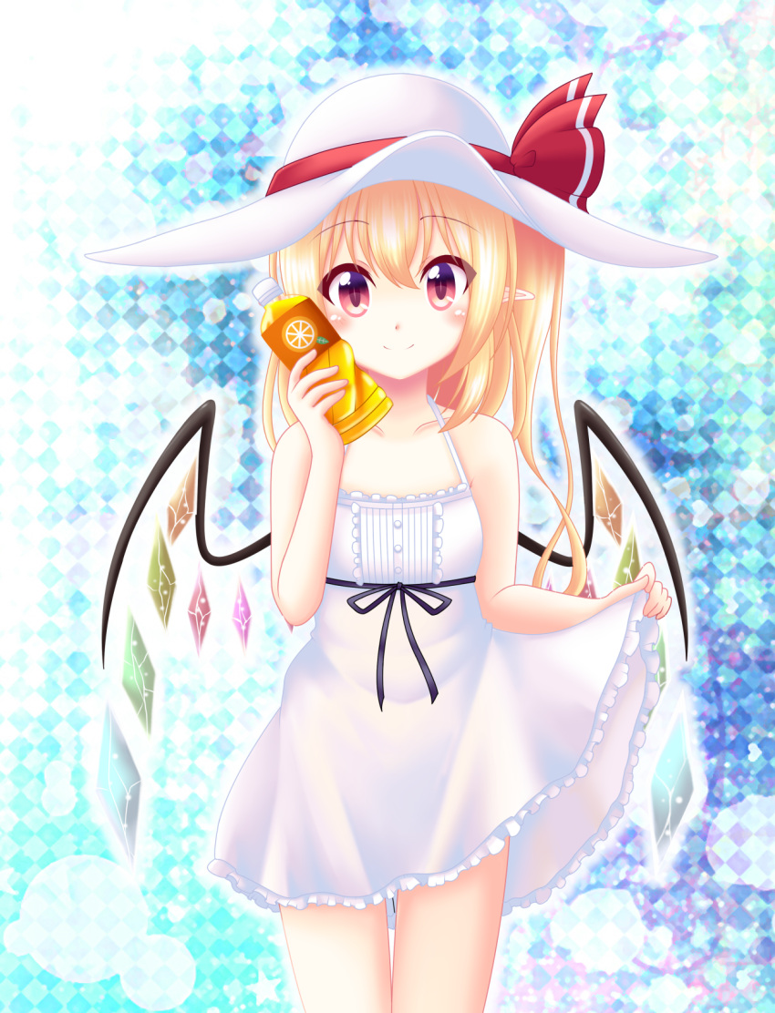 1girl alternate_costume alternate_headwear bare_arms bare_shoulders blonde_hair blue_background blush bottle bottle_to_cheek checkered checkered_background collarbone contemporary dress dress_lift flandre_scarlet hat hat_ribbon highres juice lifted_by_self looking_at_viewer pointy_ears red_eyes reimei_(r758120518) ribbon short_dress short_hair side_ponytail smile solo sun_hat sundress touhou white_dress wings