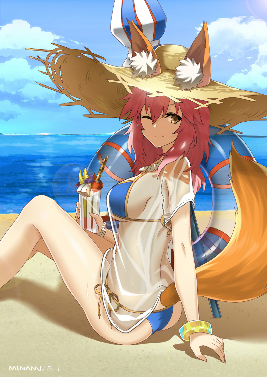 1girl absurdres animal_ears arm_support bangle beach beach_umbrella bikini bikini_under_clothes blue_bikini blue_ribbon blurry blush bracelet breasts caster_(fate/extra) cleavage closed_umbrella clouds cowboy_shot depth_of_field drink fate/extra fate/grand_order fate_(series) fox_ears fox_girl fox_tail hair_ornament hair_ribbon hat highres innertube jewelry lens_flare long_hair looking_at_viewer looking_back low_ponytail makise_medaka medium_breasts ocean one_eye_closed open_mouth palm_tree pink_hair ponytail redhead ribbon see-through shirt short_sleeves side-tie_bikini sitting sky smile solo sparkle straw_hat sun_hat swimsuit t-shirt tail tied_hair tree tress_ribbon umbrella wet wet_hair white_shirt yellow_eyes