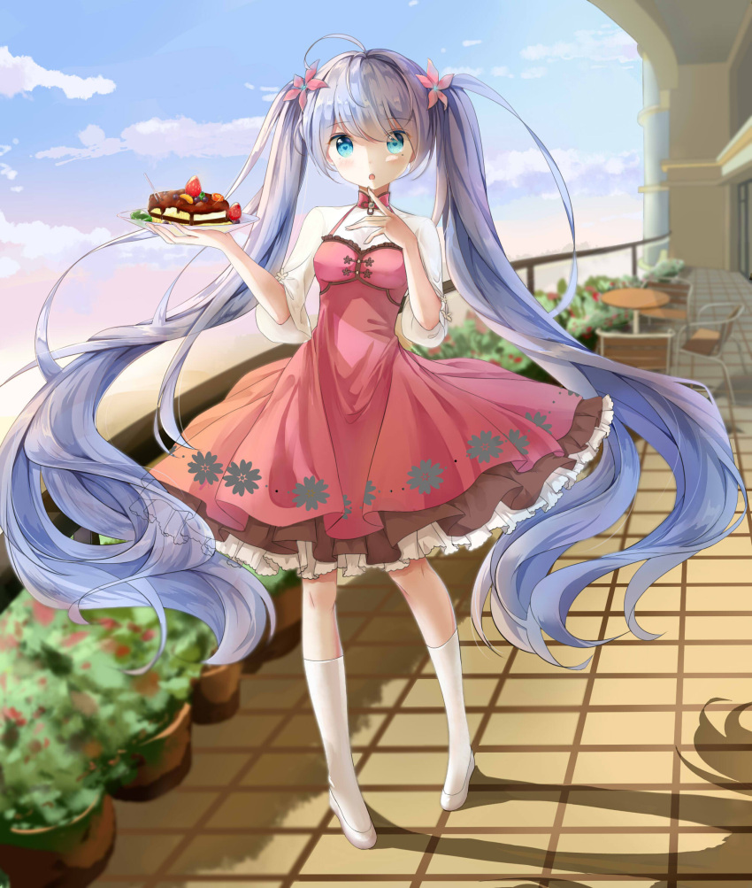1girl :o ahoge bad_id blue_eyes blue_hair blueberry blush chair clouds dress eyebrows eyebrows_visible_through_hair flower food fruit full_body hair_flower hair_ornament hatsune_miku head_tilt highres kneehighs long_hair looking_at_viewer outdoors petticoat pigeon-toed plant plate potted_plant railing red_dress shoes silhouette sky solo standing strawberry table twintails very_long_hair vocaloid white_shoes yue_yue
