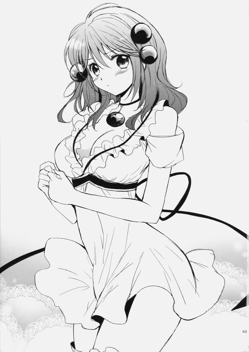 1girl breasts cheria_barnes choker cleavage cosplay doujinshi frills greyscale hair_ornament highres kurimomo looking_at_viewer monochrome reala reala_(cosplay) short_hair skirt solo tales_of_(series) tales_of_destiny_2 tales_of_graces