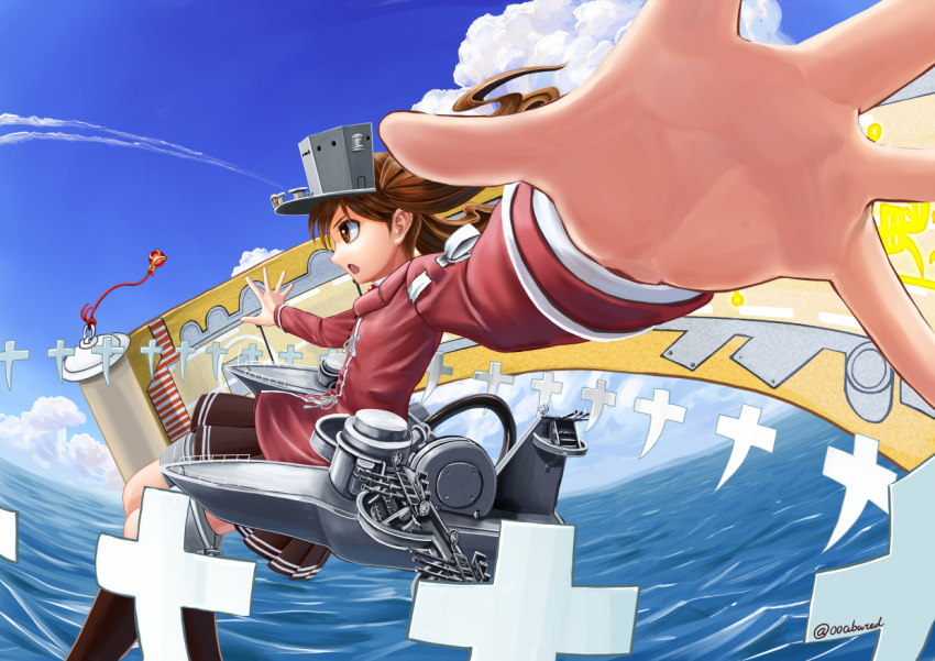 1girl abazu-red afloat blue_sky brown_eyes brown_hair clouds cloudy_sky commentary_request fisheye flight_deck from_side hands horizon japanese_clothes kantai_collection kariginu long_hair machinery magatama ocean outstretched_arms perspective pleated_skirt ryuujou_(kantai_collection) scroll shikigami skirt sky solo spread_arms twintails visor_cap