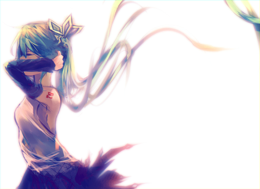 1girl backlighting breasts closed_eyes elbow_sleeve hair_ornament hands_in_hair hatsune_miku long_hair medium_breasts profile shirt skirt sleeveless sleeveless_shirt solo tarbo_(exxxpiation) twintails very_long_hair vocaloid