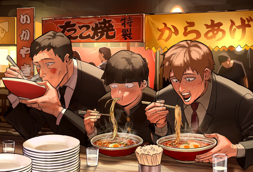 3boys black_hair blonde_hair blush_stickers bowl_cut chopsticks cup daijyuu drinking_glass eating ekubo_(mob_psycho_100) food food_stand gakuran highres kageyama_shigeo looking_down mob_psycho_100 multiple_boys noodles ramen reigen_arataka school_uniform short_hair sitting steam sweat yatai