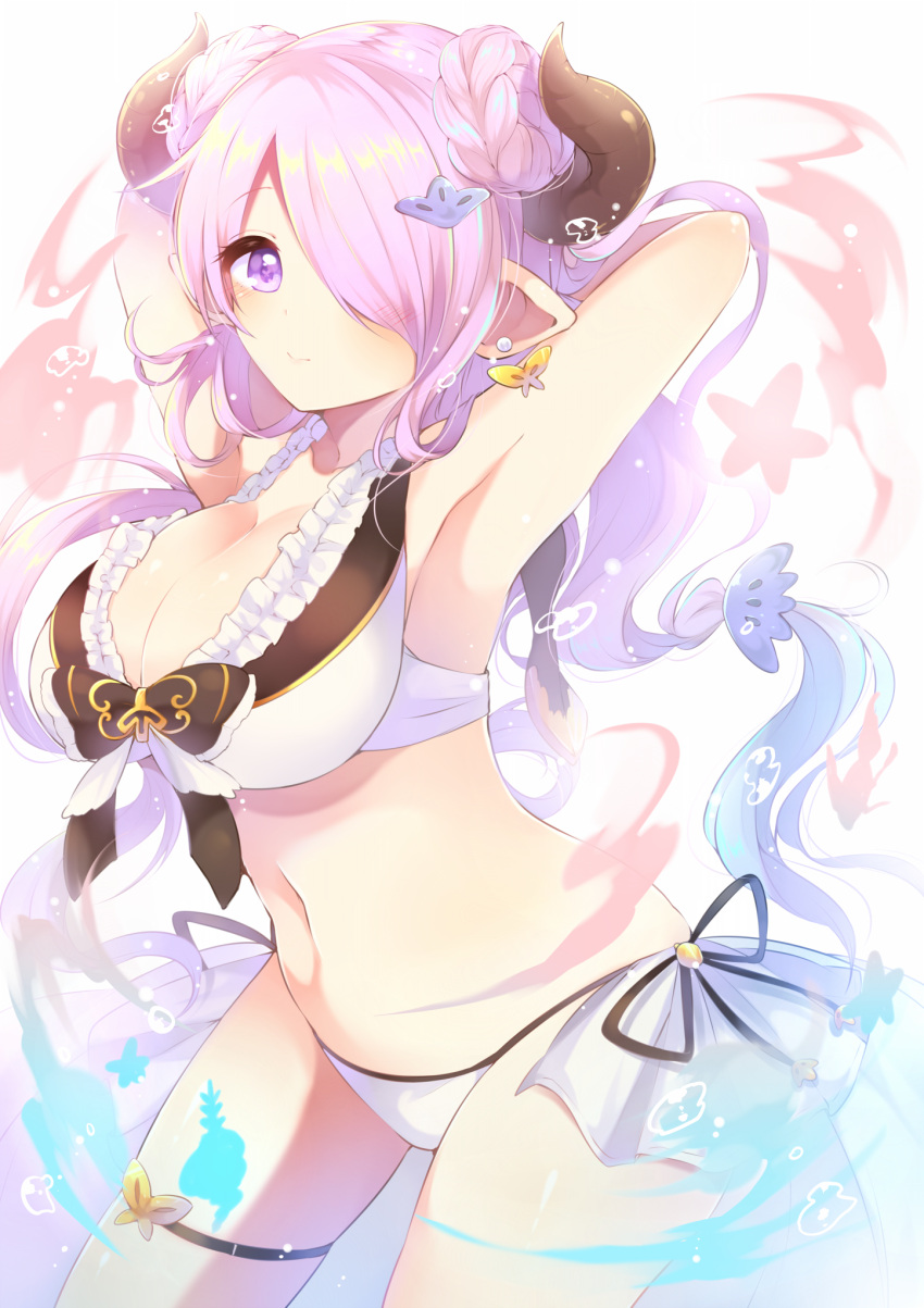 1girl arms_up bikini blush braid breasts butterfly doraf earrings granblue_fantasy hair_over_one_eye hair_up highres horns jewelry kaenuco large_breasts lavender_hair looking_at_viewer md5_mismatch narumeia_(granblue_fantasy) navel pointy_ears side-tie_bikini smile solo swimsuit violet_eyes
