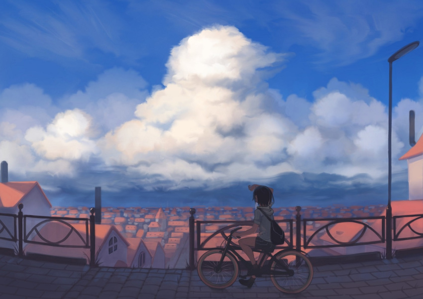 1girl arms_up backpack bag bicycle black_hair blue_sky brick building clouds cloudy_sky commentary_request ground_vehicle hood hooded_jacket house jacket original riding scenery shoes shorts sky solo window1228