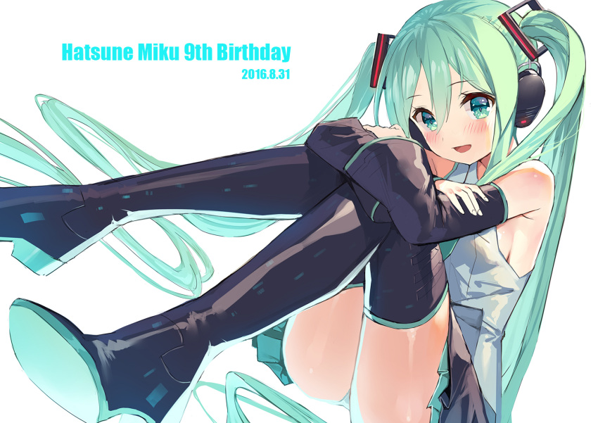 1girl 2016 blush boots character_name crossed_arms dated detached_sleeves green_eyes green_hair hatsune_miku headphones leg_hug long_hair looking_at_viewer matsui_hiroaki necktie open_mouth panties pantyshot pantyshot_(sitting) sitting skirt solo thigh-highs thigh_boots twintails underwear very_long_hair vocaloid white_background