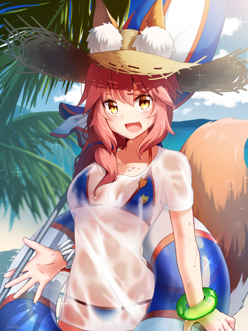 1girl :d animal_ears beach_umbrella bikini bikini_under_clothes blue_bikini blue_ribbon blurry blush bracelet breasts caster_(fate/extra) cleavage closed_umbrella commentary_request cowboy_shot depth_of_field fate/grand_order fate_(series) fox_ears fox_girl fox_tail hair_ribbon hat highres ichiren_namiro innertube jewelry long_hair looking_at_viewer low_ponytail medium_breasts ocean open_mouth palm_tree pink_hair ribbon see-through shirt short_sleeves smile solo sparkle straw_hat swimsuit t-shirt tail tree tress_ribbon umbrella wet wet_hair white_shirt yellow_eyes
