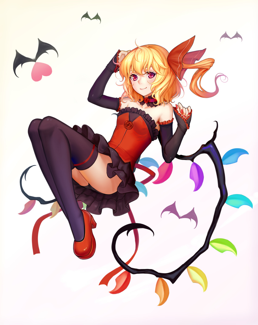 1girl absurdres adapted_costume ass bare_shoulders bat black_gloves black_legwear black_panties blonde_hair closed_mouth detached_collar detached_sleeves dress flandre_scarlet flower frilled_dress frills full_body gloves hair_ribbon heart high_heels highres looking_at_viewer nail_polish panties pantyshot red_dress red_eyes red_ribbon red_rose red_shoes ribbon rose shoes short_dress side_ponytail simple_background smile solo sonikey0_0 thigh-highs touhou underwear upskirt wings