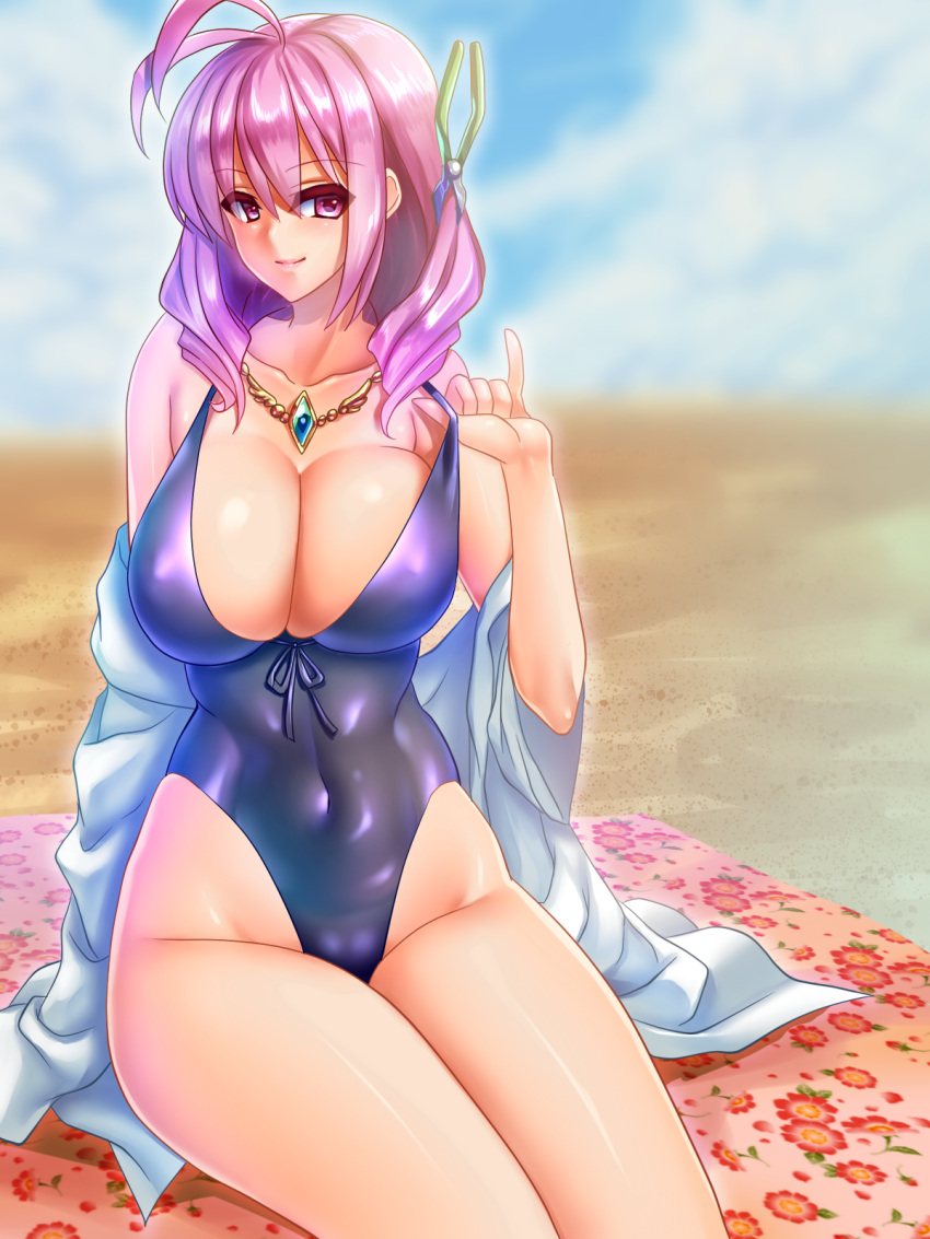 1girl black_swimsuit breasts casual_one-piece_swimsuit character_request cleavage dress_shirt highleg highleg_swimsuit highres jewelry long_hair miginohito_mitsuru necklace ole_tower one-piece_swimsuit pink_eyes pink_hair shirt sitting swimsuit