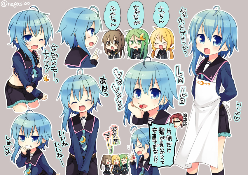 &gt;:d &gt;_&lt; 1boy 4girls :d ahoge apron arms_behind_back black_serafuku blonde_hair blue_eyes blue_hair blue_necktie brown_eyes brown_hair censored cherry closed_eyes commentary crescent crescent_hair_ornament crescent_moon_pin eyebrows eyebrows_visible_through_hair fang flying_sweatdrops food frilled_shorts frills from_behind fruit fumizuki_(kantai_collection) green_eyes green_hair grey_background grin hair_ornament heart holding_arm identity_censor jojo_no_kimyou_na_bouken kakyouin_noriaki kantai_collection long_hair long_sleeves low_twintails minazuki_(kantai_collection) motion_lines multiple_girls multiple_views nagasioo nagatsuki_(kantai_collection) necktie one_eye_closed open_mouth pleated_skirt ponytail redhead sailor_collar satsuki_(kantai_collection) school_uniform serafuku short_hair_with_long_locks shorts simple_background skirt smile speech_bubble tongue tongue_out torn_clothes translated twintails twitter_username tying_apron v_arms white_necktie