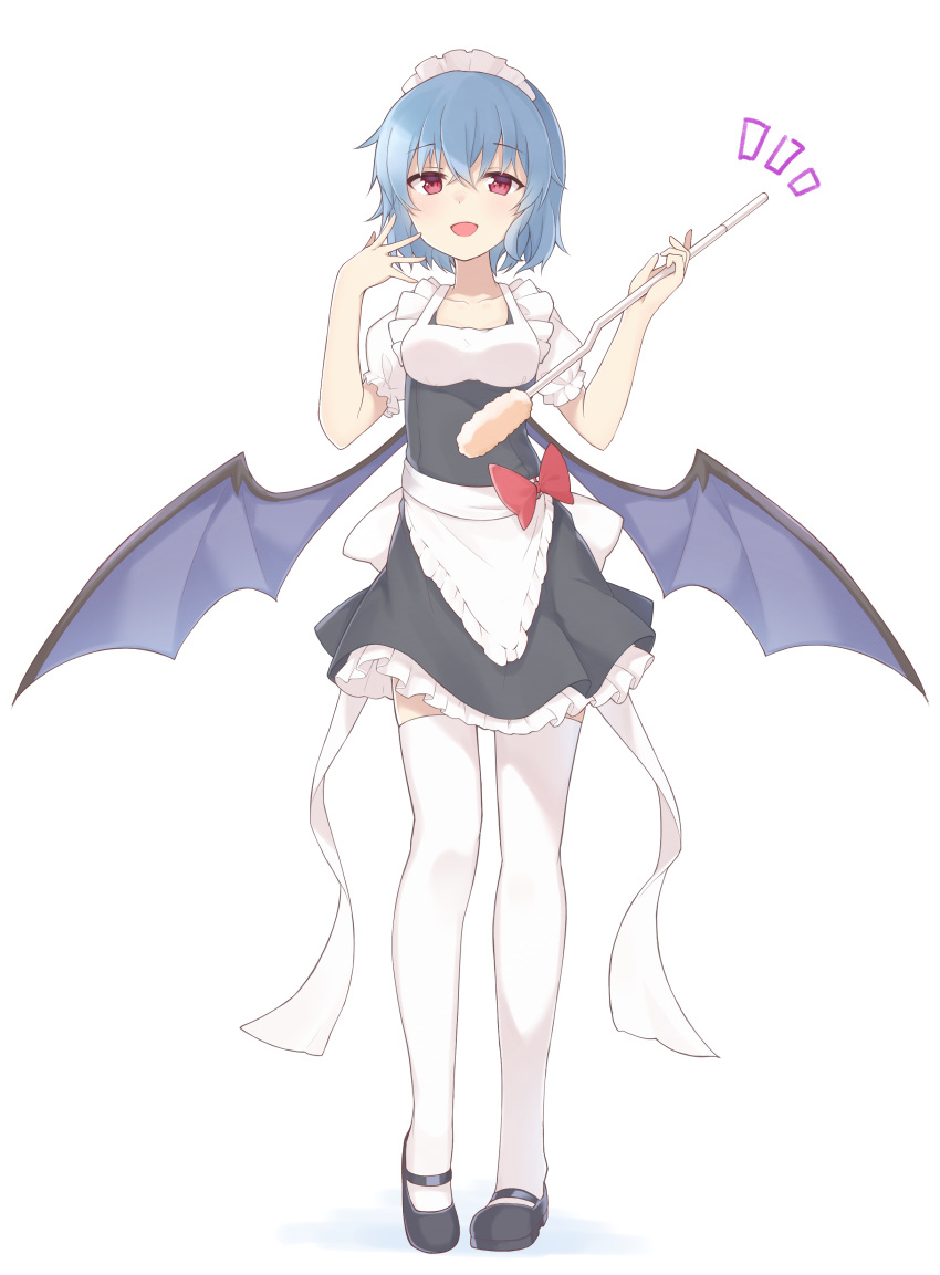 1girl absurdres alternate_costume apron bat_wings black_shoes blue_hair commentary_request duster emushake enmaided full_body highres looking_at_viewer maid maid_headdress mary_janes open_mouth red_eyes remilia_scarlet shoes short_hair simple_background smile solo standing thigh-highs touhou white_background white_legwear wings