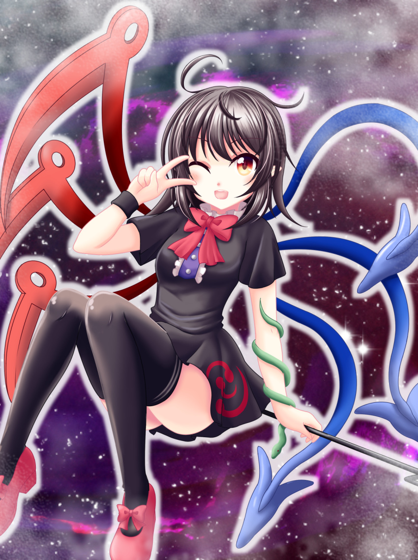 1girl ;d ahoge asymmetrical_wings black_dress black_hair black_legwear blush dress hand_on_own_face highres houjuu_nue looking_at_viewer mary_janes one_eye_closed open_mouth outline pointy_ears polearm red_eyes reimei_(r758120518) ribbon round_teeth shoes short_dress short_hair sitting sitting_on_object smile snake solo space star_(sky) teeth thigh-highs touhou trident v weapon wings