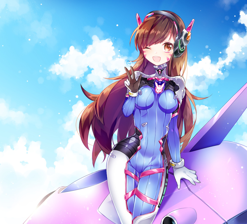 1girl ;d arm_at_side bangs blue_sky blush bodysuit boots bracer breasts breasts_apart brown_eyes brown_hair bunny_print clouds cloudy_sky contrapposto cowboy_shot d.va_(overwatch) eyebrows eyebrows_visible_through_hair facepaint facial_mark g_ieep gloves hand_up headphones heart long_hair long_sleeves mecha medium_breasts meka_(overwatch) one_eye_closed open_mouth overwatch pauldrons pilot_suit ribbed_bodysuit shoulder_pads skin_tight sky smile solo spoken_heart teeth thigh-highs thigh_boots thigh_gap thigh_strap turtleneck very_long_hair w whisker_markings white_boots white_gloves