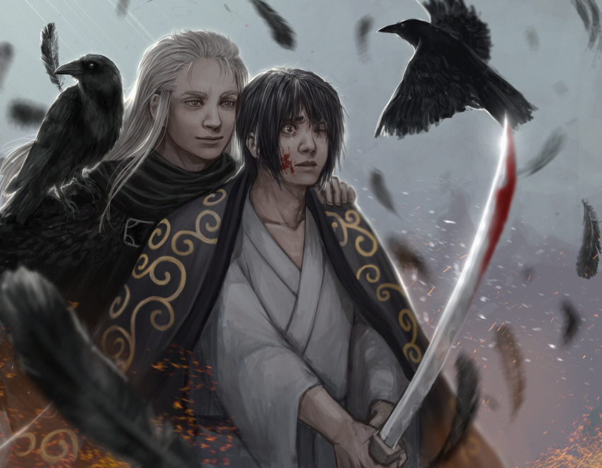 2boys animal animal_on_shoulder bird black_eyes black_hair blood blood_on_face blurry cloak crow depth_of_field embers feathers gintama grey_eyes hand_on_shoulder highres japanese_clothes long_hair male_focus mask mask_removed medeakn multiple_boys one_eye_closed realistic spoilers sword takasugi_shinsuke tears utsuro weapon white_hair yoshida_shouyou