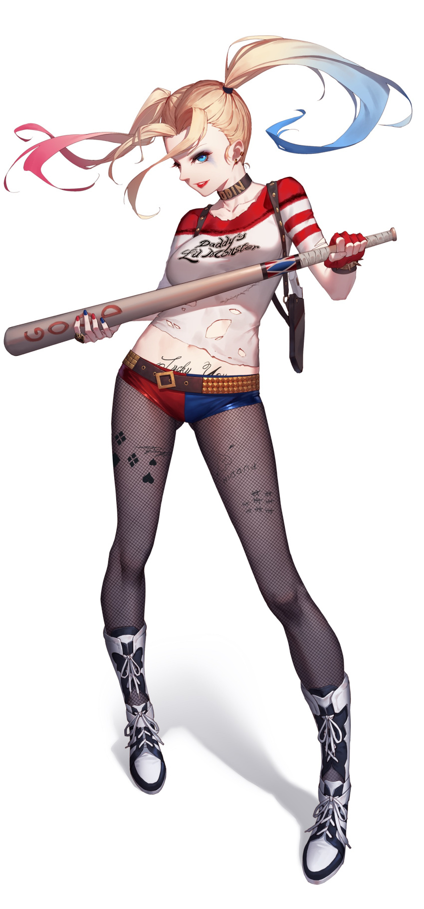 1girl absurdres armpit_holster baseball_bat belt black_legwear blonde_hair blue_hair boots choker clothes_writing daye_bie_qia_lian dc_comics fingerless_gloves fishnet_pantyhose fishnets gloves gun handgun harley_quinn highres holster knee_boots lipstick long_hair looking_at_viewer makeup multicolored_hair nail_polish pantyhose pink_hair pistol red_gloves shirt short_shorts shorts simple_background smile solo standing suicide_squad t-shirt tattoo torn_clothes twintails weapon white_background