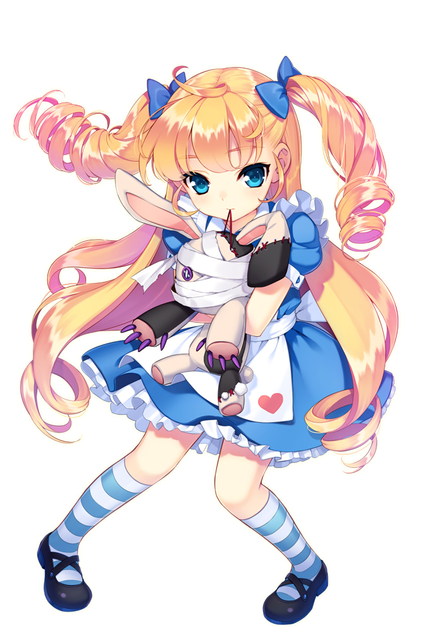 1girl alice_(soccer_spirits) black_shoes blonde_hair blue_bow blue_dress bow dress drill_hair frilled_skirt frills full_body hair_bow highres holding_stuffed_animal long_hair looking_at_viewer official_art shirahane_nao shoes skirt soccer_spirits socks solo standing striped striped_legwear stuffed_animal stuffed_bunny stuffed_toy twin_drills