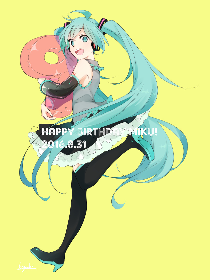1girl 2016 ahoge aqua_eyes aqua_hair artist_name boots dated detached_sleeves from_side happy_birthday hatsune_miku headphones high_heels highres koyubi_right long_hair looking_at_viewer simple_background skirt solo thigh-highs thigh_boots twintails very_long_hair vocaloid yellow_background