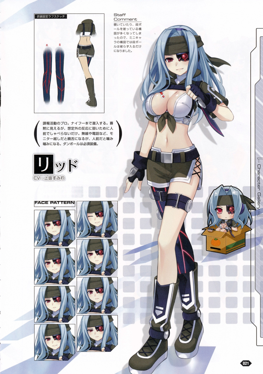 1girl blue_hair boots box breasts character_name character_sheet chibi chou_megami_shinkou_noire_gekishin_black_heart cleavage concept_art expressions eyepatch fingerless_gloves gloves headband highres holding holding_weapon in_box in_container knee_boots knife large_breasts long_hair looking_at_viewer midriff neptune_(series) official_art rid short simple_background smile tears tsunako weapon