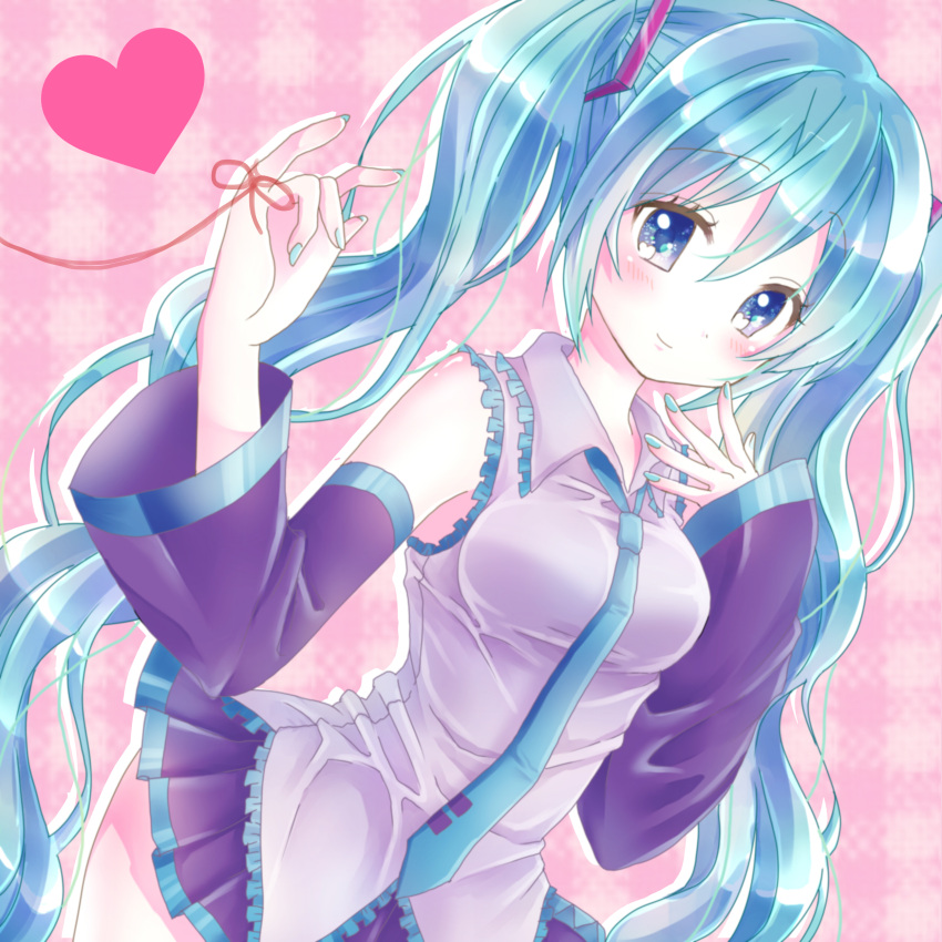 1girl absurdres aqua_hair blue_eyes detached_sleeves hatsune_miku heart highres long_hair nail_polish necktie red_string saya7 skirt solo string striped striped_background twintails very_long_hair vocaloid