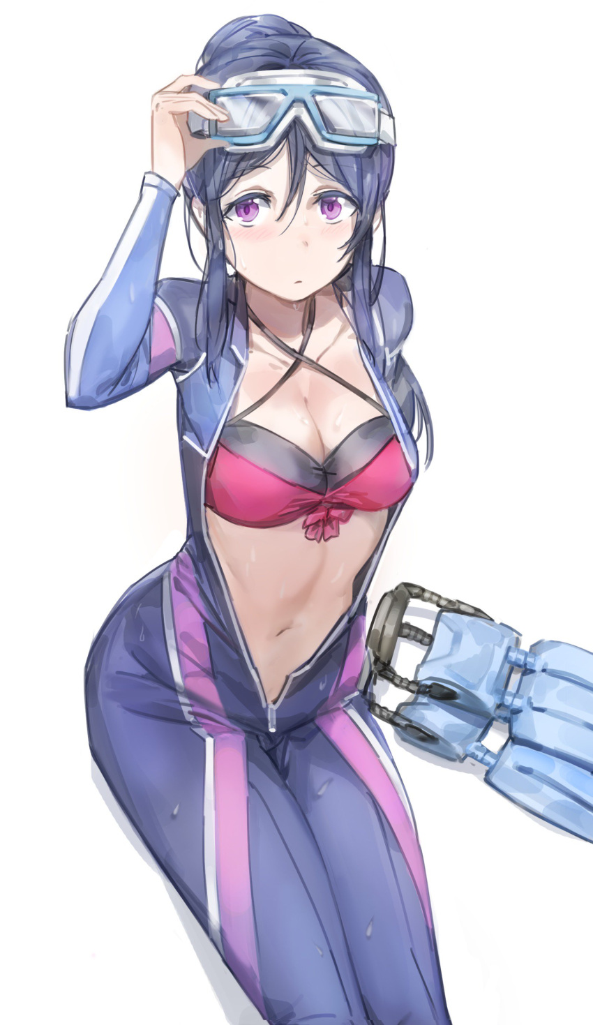 1girl absurdres bikini_top blue_hair criss-cross_halter diving_mask diving_mask_on_head diving_suit flippers halter_top halterneck hand_on_goggles highres looking_at_viewer love_live! love_live!_sunshine!! matsuura_kanan navel ponytail simple_background sitting solo unzipped violet_eyes wetsuit white_background yohan1754