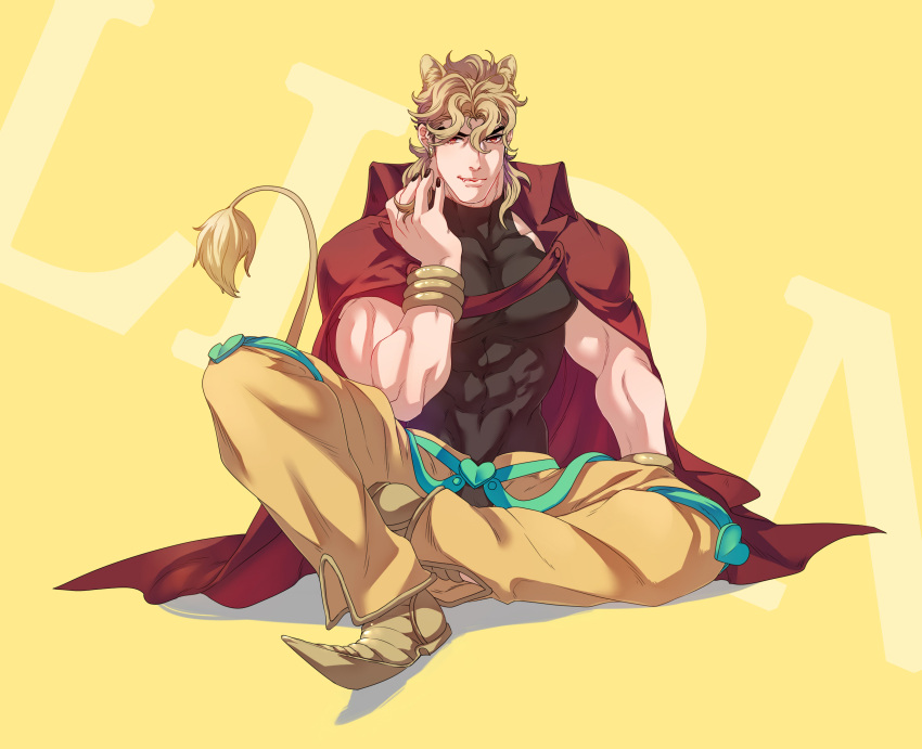 1boy abs animal_ears black_nails blonde_hair cape dio_brando fang full_body heart highres jojo_no_kimyou_na_bouken kemonomimi_mode knee_pads less_end lion_ears lion_tail male_focus muscle nail_polish orange_eyes pointy_shoes shoes sitting solo tail wrist_cuffs yellow_background