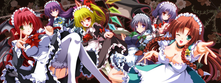 6+girls :d ;d alternate_costume apron aqua_eyes arm_garter ascot bat_wings bent_knees black_bow black_dress blonde_hair blue_dress blue_ribbon blush bow bowtie braid breasts brooch choker cleavage collarbone commentary_request crystal cup demon_girl demon_tail demon_wings dress dress_lift enmaided fang flandre_scarlet floral_background foreshortening frilled_dress frilled_legwear frills garter_straps green_bow hair_bow hair_ribbon head_wings highres holding holding_tray hong_meiling izayoi_sakuya jewelry juliet_sleeves koakuma large_breasts lifted_by_self long_hair long_sleeves looking_at_viewer maid maid_apron maid_headdress multiple_girls neck_ribbon one_eye_closed open_mouth patchouli_knowledge pointy_ears puffy_short_sleeves puffy_sleeves purple_hair reaching_out red_bow red_bowtie red_eyes red_ribbon redhead remilia_scarlet ribbon short_hair short_sleeves side_ponytail sidelocks silver_hair smile tail teacup thigh-highs touhou tray twin_braids violet_eyes waist_apron white_legwear wings yamu_(reverse_noise)