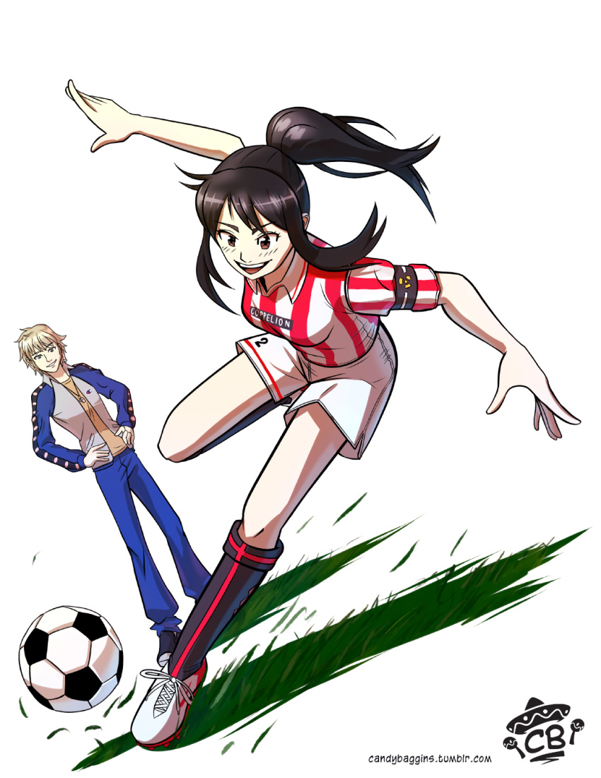 1boy 1girl armband ball black_hair brown_eyes candybaggins coppelion copyright_name cosplay dutch_angle full_body grass hand_on_hip highres kneehighs kurosawa_haruto mai_ball! naruse_ibara nike open_mouth outstretched_arms pale_skin parody ponytail radiation_symbol shirt short_sleeves shorts simple_background smile soccer soccer_ball soccer_jersey soccer_uniform sportswear standing standing_on_one_leg striped striped_shirt track_suit watermark whistle white_background