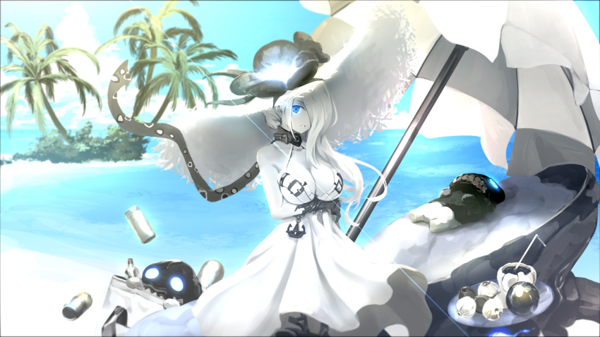 1girl beach black_gloves blue_eyes blue_sky breasts cleavage clouds commentary_request dress flower gloves hair_over_one_eye hat hat_flower highres kantai_collection kouji_(astral_reverie) large_breasts long_hair looking_at_viewer ocean outdoors palm_tree parasol sand seaport_summer_hime shinkaisei-kan sky solo sun_hat sundress tree umbrella water white_dress white_hair white_hat white_skin