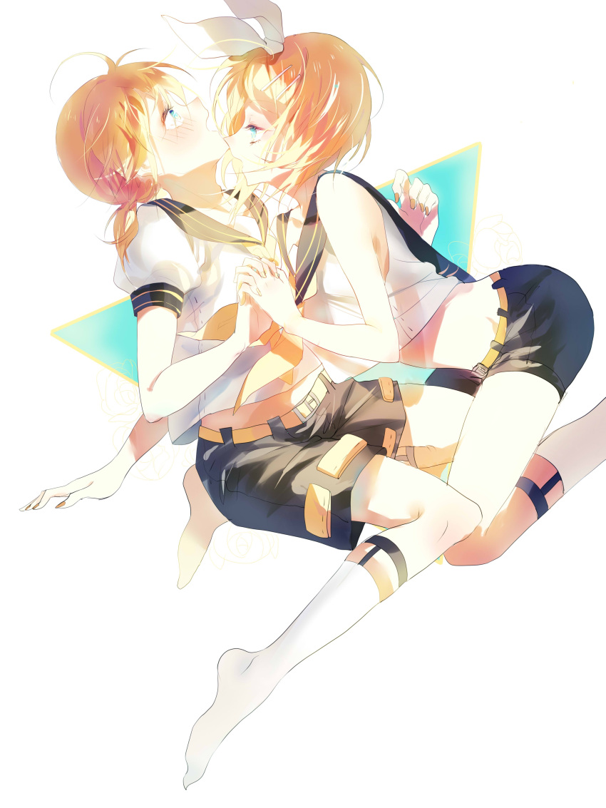 1boy 1girl absurdres alkali blonde_hair blue_eyes blush brother_and_sister couple hair_ornament hair_ribbon hairclip highres incest interlocked_fingers kagamine_len kagamine_rin matching_outfit midriff open_mouth ribbon sailor_collar short_hair shorts siblings twincest twins vocaloid
