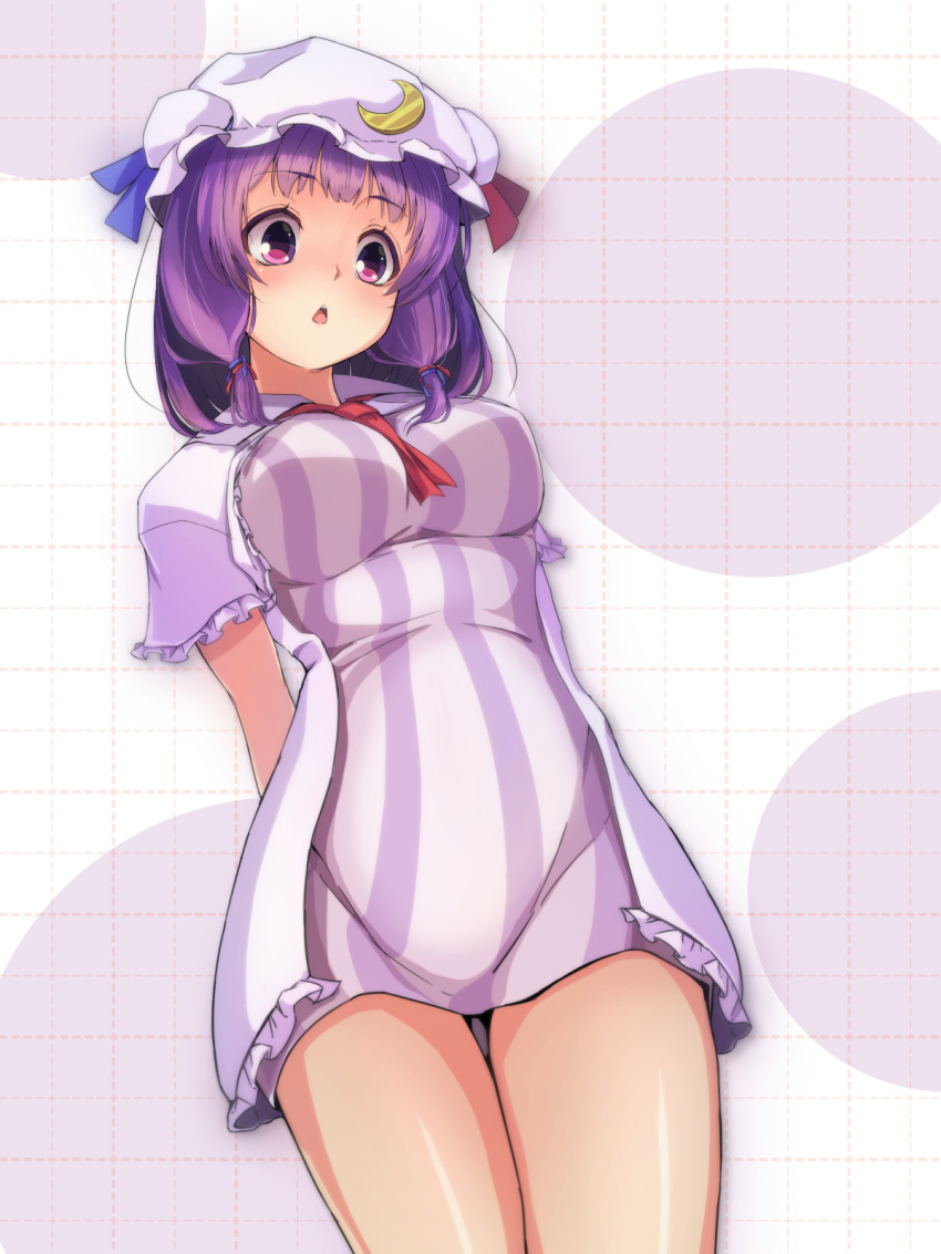 1girl :&lt; alternate_hair_length alternate_hairstyle arms_behind_back blue_ribbon breasts crescent crescent_hair_ornament double_bun dress frilled_sleeves frills hair_ornament hair_ribbon hat highres large_breasts looking_down mob_cap nekomiyanono open_mouth patchouli_knowledge purple_hair red_ribbon ribbon short_dress short_sleeves solo striped striped_dress thighs touhou tress_ribbon triangle_mouth vertical-striped_dress vertical_stripes violet_eyes