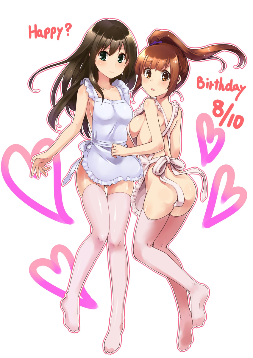 2girls apron ass ass_visible_through_thighs blush breasts brown_eyes brown_hair dated frilled_apron frills full_body hair_ornament hair_scrunchie happy_birthday heart highres idolmaster idolmaster_cinderella_girls igarashi_kyouko long_hair looking_away looking_back medium_breasts multiple_girls naked_apron no_shoes paopao pink_legwear ponytail scrunchie shibuya_rin sideboob thigh-highs wavy_mouth white_background