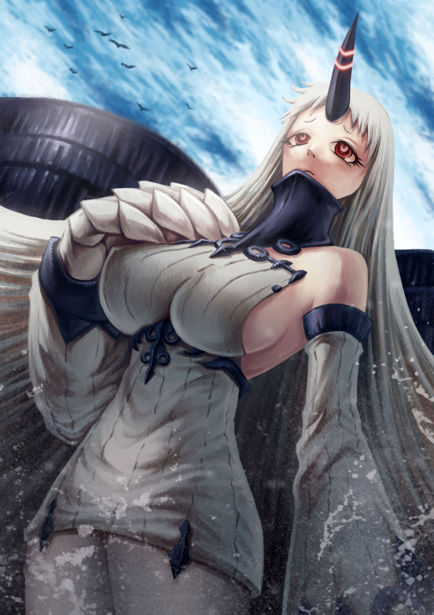 1girl absurdres breasts claws commentary_request detached_sleeves dutch_angle faux_traditional_media from_below gooster highres horn kantai_collection long_hair pale_skin red_eyes ribbed_sweater seaport_hime shinkaisei-kan sideboob solo sweater white_hair
