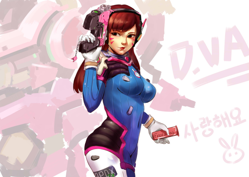 1girl artist_name bangs bodysuit breasts brown_eyes brown_hair character_name charm_(object) clothes_writing covered_navel cowboy_shot d.va_(overwatch) facepaint facial_mark freezing_(qq774517855) gloves gun handgun headphones highres holding holding_gun holding_weapon korean light_smile lips long_hair looking_to_the_side mecha medium_breasts meka_(overwatch) nose overwatch pilot_suit pistol side_glance signature skin_tight solo swept_bangs translation_request weapon whisker_markings white_background white_gloves