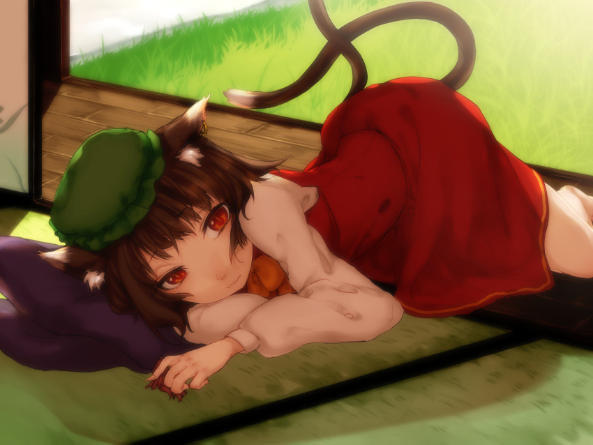 1girl animal_ears brown_hair cat_ears cat_tail chen claws expressionless grass hat highres jewelry long_sleeves looking_at_viewer lying mob_cap multiple_tails nekomata on_side red_eyes ribbon shadow short_hair single_earring skirt skirt_set sliding_doors slit_pupils solo subaru18 tail tatami touhou veranda