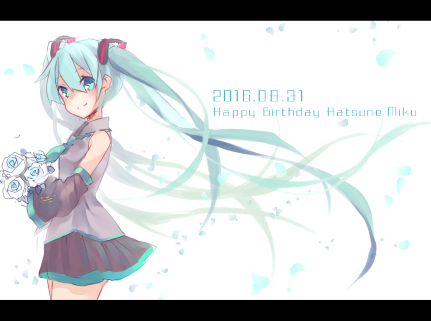 1girl 2016 bouquet character_name dated detached_sleeves floating_hair flower from_side green_eyes green_hair happy_birthday hatsune_miku letterboxed long_hair necktie skirt solo toutenkou twintails very_long_hair vocaloid white_background