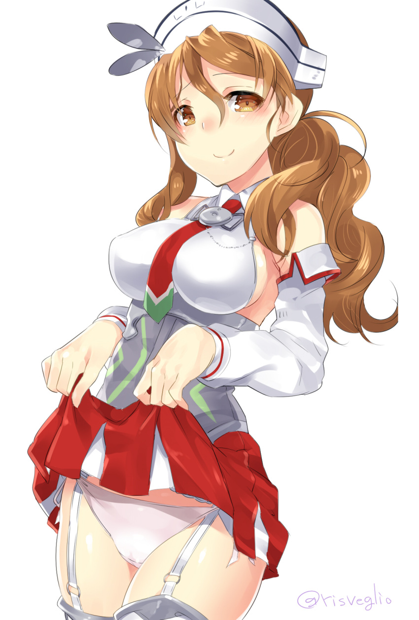 1girl bare_shoulders blush breasts brown_eyes brown_hair detached_sleeves garter_straps hat highres kantai_collection littorio_(kantai_collection) long_hair looking_at_viewer necktie panties simple_background skirt skirt_lift smile solo thigh-highs torimaru twitter_username underwear white_background white_panties