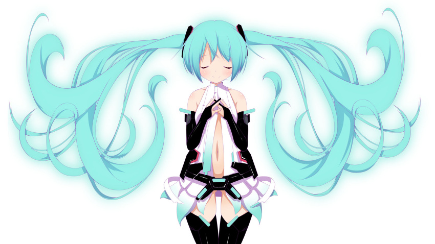 1girl aqua_hair bare_shoulders bridal_gauntlets center_opening closed_eyes floating_hair hatsune_miku highres long_hair miku_append navel necktie simple_background solo thigh-highs very_long_hair vocaloid vocaloid_append yuzuki_kei