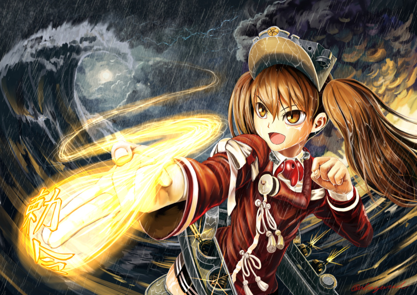 &gt;:d 1girl :d abazu-red brown_eyes brown_hair clouds cloudy_sky japanese_clothes kantai_collection kariginu long_hair machinery magatama open_mouth pleated_skirt rain remodel_(kantai_collection) ryuujou_(kantai_collection) skirt sky smile solo storm twintails visor_cap waves wet wet_clothes wind
